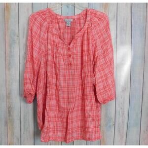 Catherines Woman Shirt 4X Salmon Pink Orange White Plaid Short Sleeve V-Neck